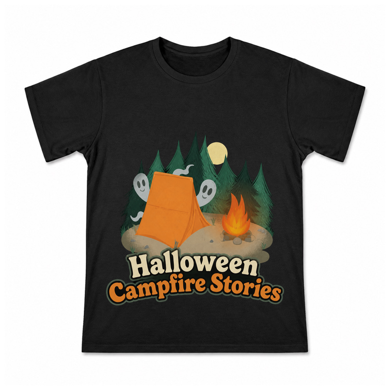 Halloween Campfire Stories Men's Graphic T-Shirt on a black T-shirt.