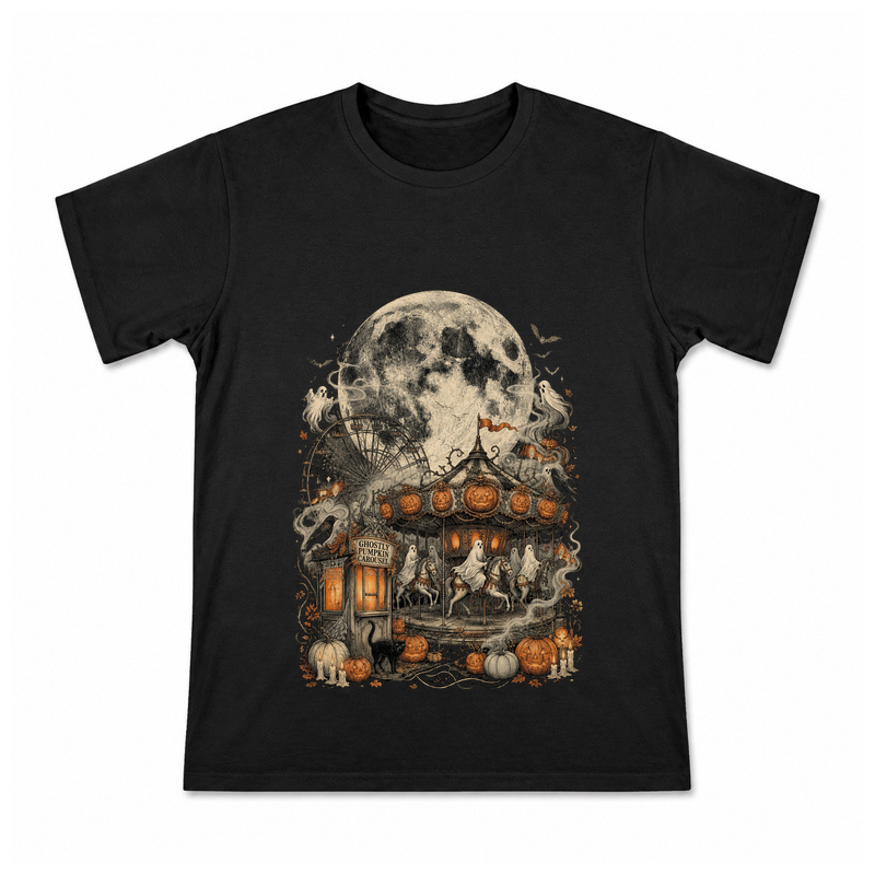 Ghostly Pumpkin Carousel Men's Graphic T-Shirt on a black T-shirt.