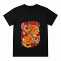 Fox Among Fallen Leaves Women's Graphic T-Shirt on a black T-shirt.