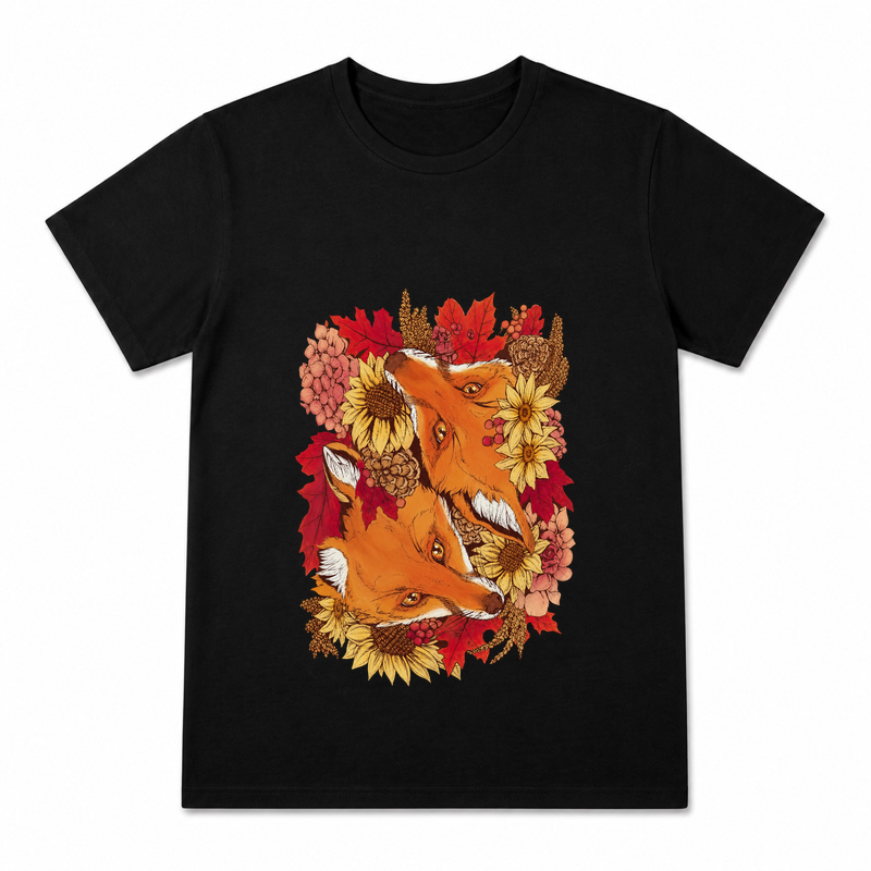 Fox Among Fallen Leaves Women's Graphic T-Shirt on a black T-shirt.