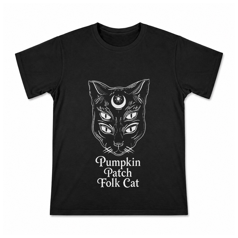 Pumpkin Patch Folk Cat Men's Graphic T-Shirt on a black T-shirt.