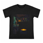 Retro Haunted Motel Sign Men's Graphic T-Shirt on a black T-shirt.