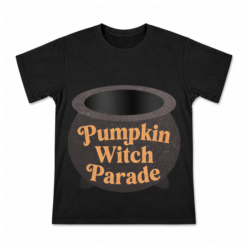 Pumpkin Witch Parade Men's Graphic T-Shirt on a black T-shirt.