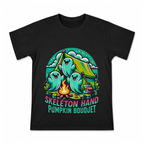 Skeleton Hand Pumpkin Bouquet Men's Graphic T-Shirt on a black T-shirt.