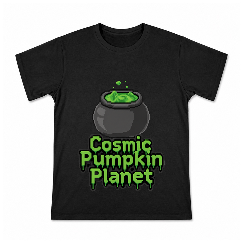 Cosmic Pumpkin Planet Men's Graphic T-Shirt on a black T-shirt.