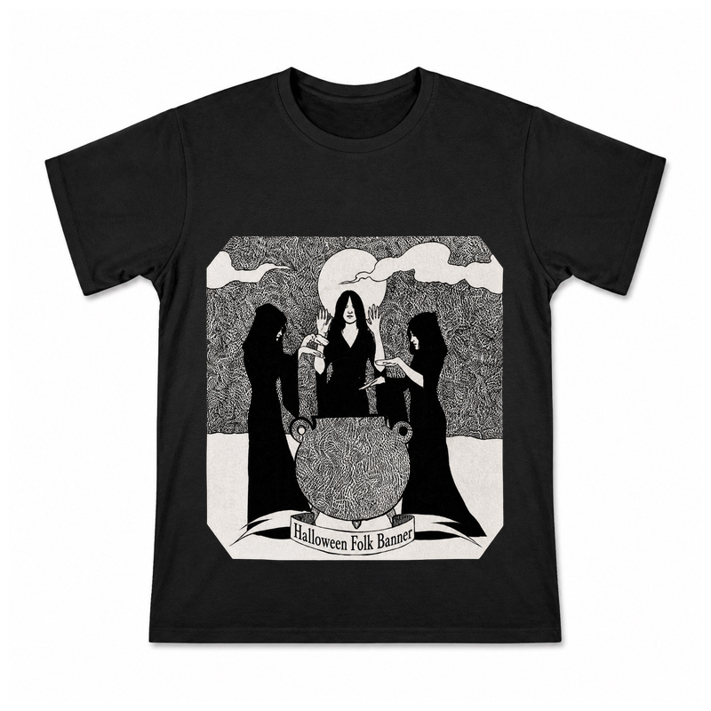 Halloween Folk Banner Men's Graphic T-Shirt on a black T-shirt.